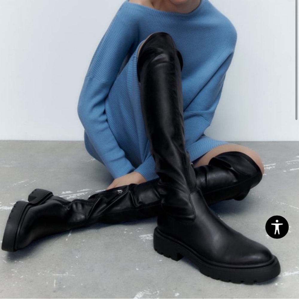 ZARA BLACK OVER THE KNEE LUG BOOTS - Size 7.5 US